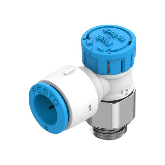 Drosel cu supapă de sens Festo VFOE-LE-T-G18-Q8, cod 8068727 Q8->G1/8 cu buton rotativ cu opritor - megora.ro