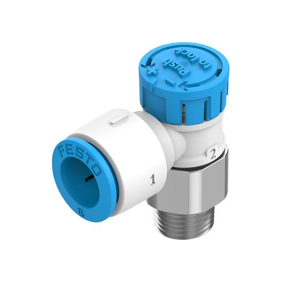 Drosel cu supapă de sens Festo VFOE-LE-T-R18-Q8, cod 8068736 Q8->R1/8 cu buton rotativ cu opritor - megora.ro